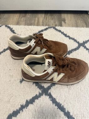 New Balance Brown Suede Athletic Sneakers with Cream Accents